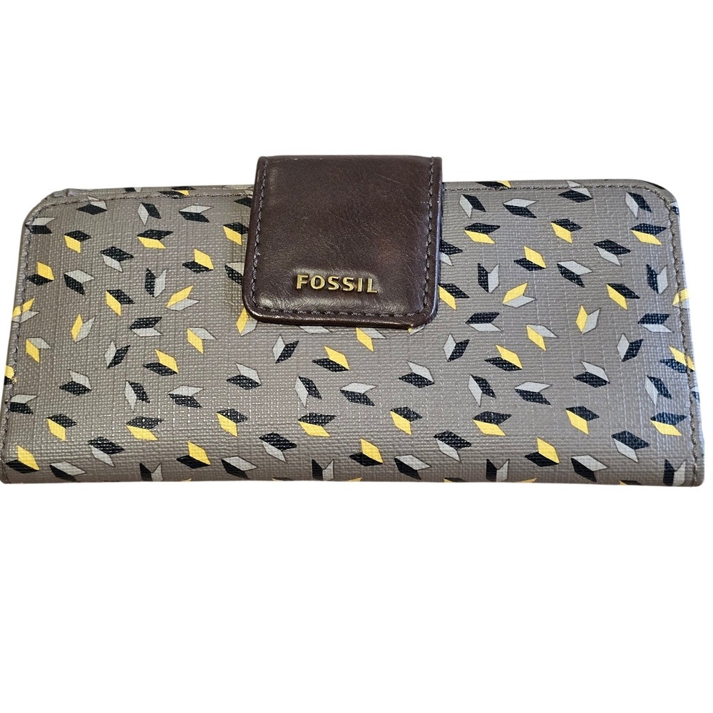 Fossil‎ Grey Geometric Print Slim Bifold Wallet Yellow Diamond Snap Closure